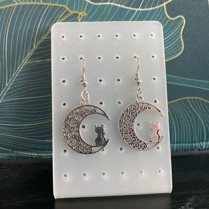 Cat on moon dangle earrings